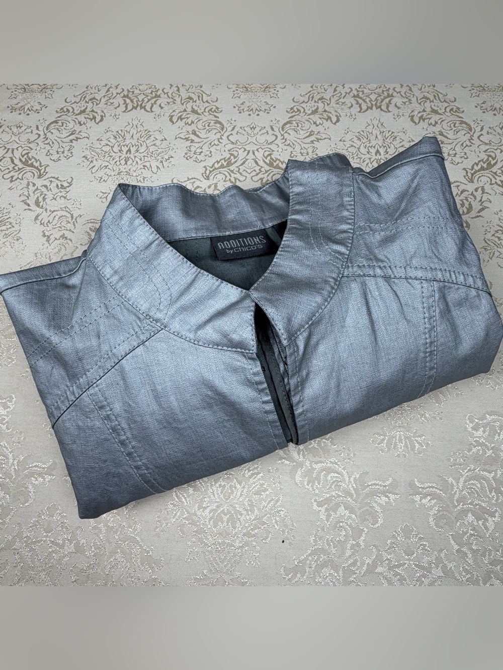 Chico's Additions Metallic Silver Linen-Cotton Light Jacket Chico’s 2 Standard L